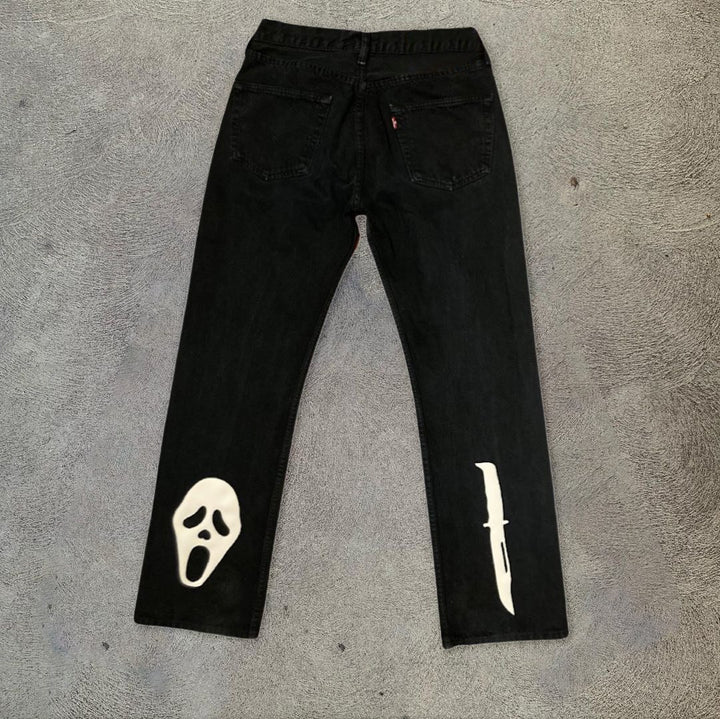 Casual personality men's printed black jeans straight-leg pants